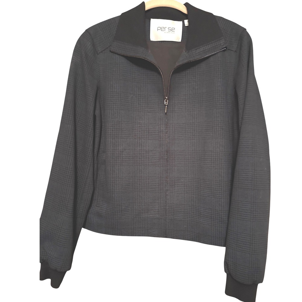 per se by Carlisle Women's Blue Plaid Full Zip Bomber Jacket Size 4